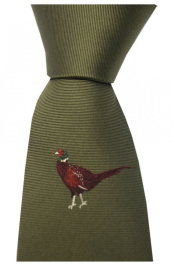 Country Silk Tie - Single Motif Standing Pheasant On Green Ground