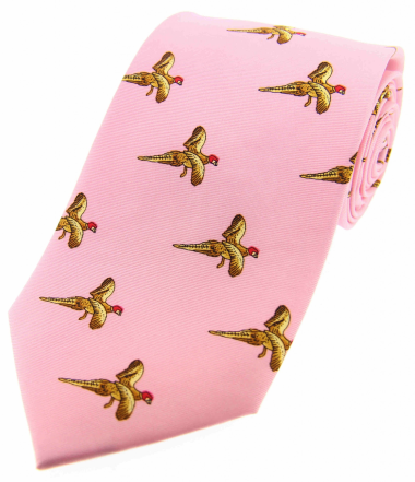 Flying Pheasants Printed Silk Tie (Pink)