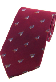 Silk Country Tie - Grouse and Partidge on Wine