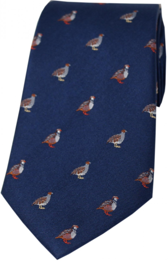 Country Silk Tie - Grouse & Partridge on Blue