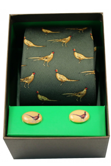 Tie & Cufflink set - Green Standing Pheasants