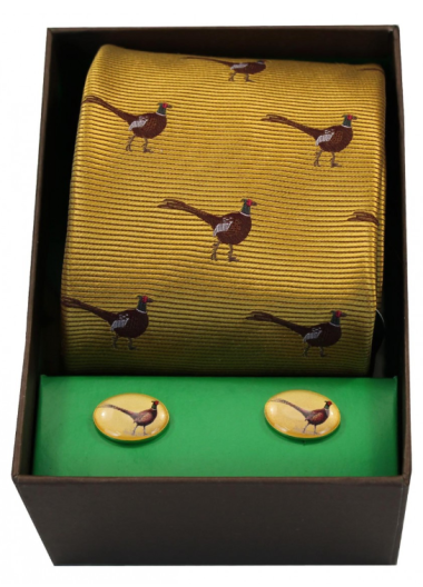 Tie & Cufflink Set - Standing Pheasant on Gold