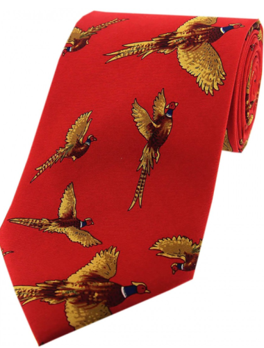 Country Silk Tie - Flying Pheasants on Red Ground