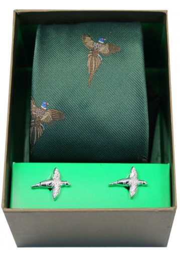 Tie & Cufflink Set - Flying Pheasants on Forest Green